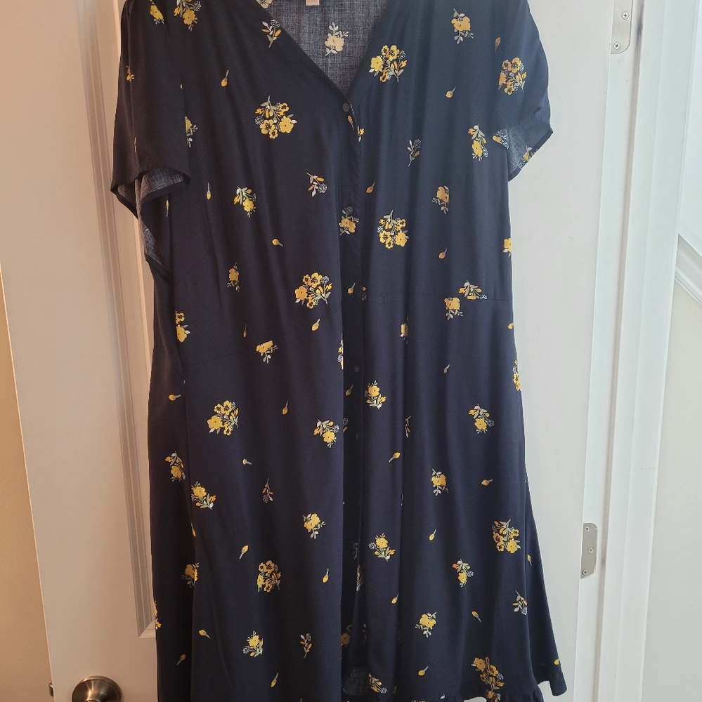 Loft Navy Short Sleeve Dress with yellow flowers